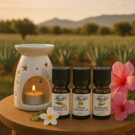 Bild des Sets Dein Duft Ritual bestehend aus Keramik Aromalampe und drei ätherischen Ölen der Aloe Vera Farm Mallorca